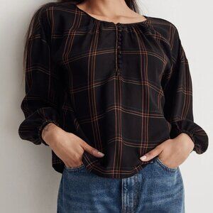 Madewell Black Brown Shirred Peasant Wool Blend Blouse Top in Windowpane Size 1X